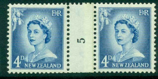 New Zealand 1958 QEII Redrawn 4d Ultramarine Coil Join #5 Upwards MH/MUH Lot2...