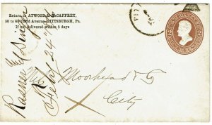 1876 Pittsburgh, PA cancel on 2c stationery envelope, U129