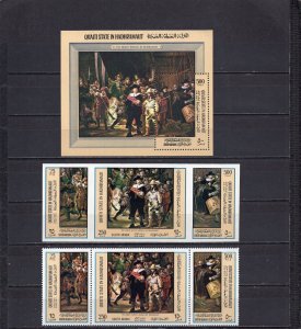 ADEN QU'AITI 1967 PAINTINGS/REMBRANDT 2 SETS OF 3 STAMPS PERF.& IMPERF.& S/S MNH