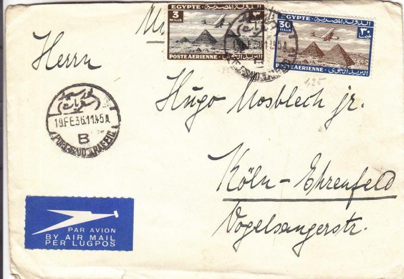 1936, Alexandria, Egypt to Koln, Germany, Airmail (28172)