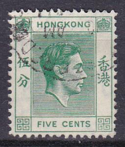 Hong Kong  157 Used 1938 5c green KGVI Definitive