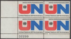 1970 United Nations 25th Anniv. Plate Block Of 4 6c Stamps, Sc#1419, MNH, OG