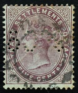 Malaya Straits Settlements 1882 QV 5c PurpleBrown  CC PERFIN SG#48 CV£140 M1998