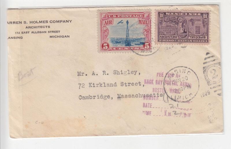 SPECIAL DELIVERY,.1929 Airmail cover,Lansing, Michigan,Back Bay, Boston Fee Paid