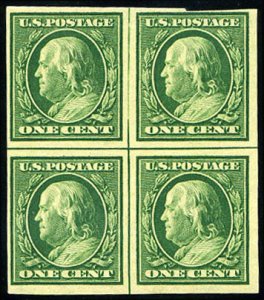 United States, 1904-9 #343 Cat$55, 1908 1c green, center line block of four, ...