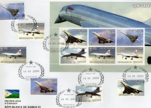 Djibouti 2004 Concorde Set (6) + Sheetlet  Perforated  # Dji 17/22C FDC