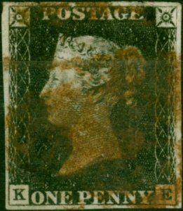 GB 1840 1d Penny Black SG2 Pl. 1b (K-E) Fine Used 4 Even Margins Smudgy Red MX