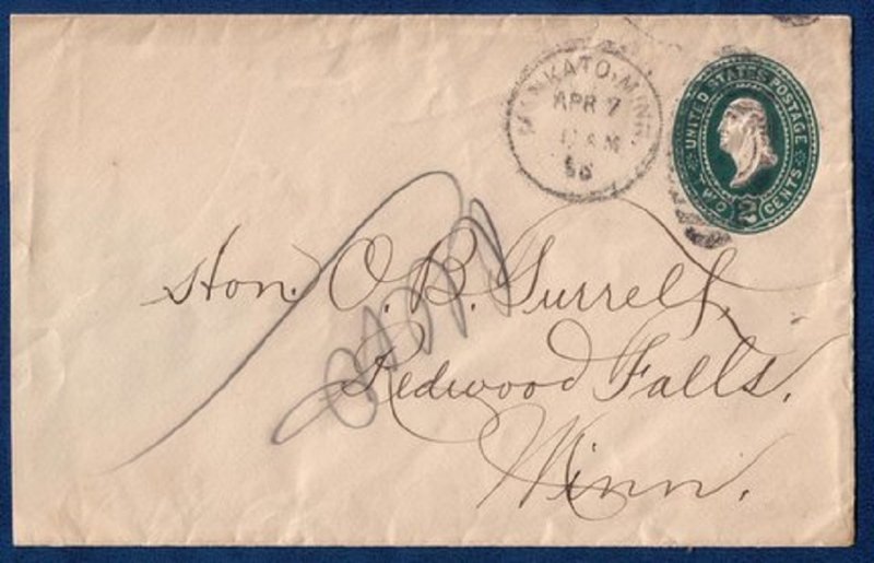 US Sc U311A Postal History Cover Stamped Envolope Cancel Mankato,Minn.(1896):