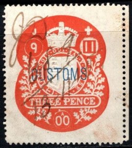 1900 Great Britain Embossed Revenue 3 Pence Customs with Watermark