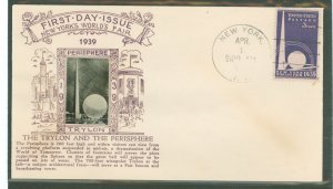 US 853 1939 3c world's fair, trylon & perishere single on an unaddressed FDC, with a light cancel and a crosby cachet