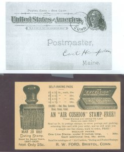 US UX12 Advertising Postcard - Self Inking Stamp. Bristol, Conn. to East Hampton, Maine.