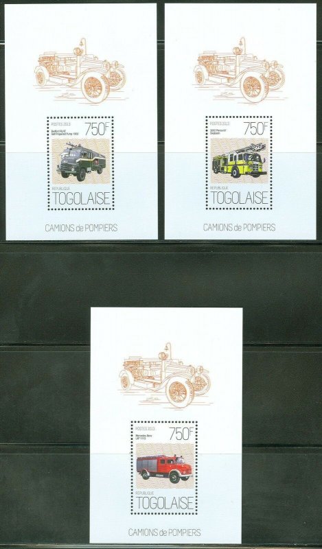 TOGO 2013 FIRE ENGINES  SET OF THREE SOUVENIR SHEETS MINT NH