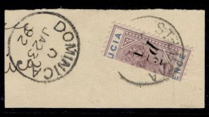 ST. LUCIA QV SG54, ½d on half 6d on piece with DOMINICA arrival, VFU.