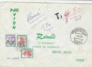 French Colonies Air Mail Franceville 1974 Cancels Floral Tax Stamps Cover  44709