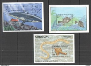 M1354 Grenada Fauna Fishes Marine Life Whales Snakes Sand Flats 3Bl Mnh