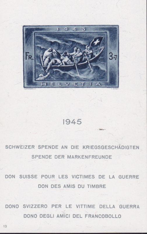 Switzerland 1945 'Lifeboat Making a Rescue' Souvenir Sheet. XF/NH/(**) Pristine