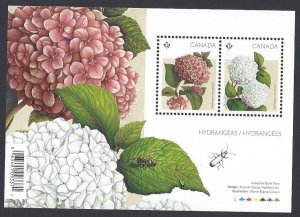 Canada #2896 MNH ss, flowers, hydrangeas, issued 2016