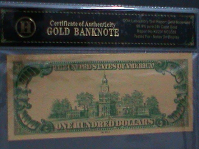 ​UNITED STATES-1928 CAT.#403- 24 KARAT GOLD REPLICA $100  -VF WITH CERTIFICATE