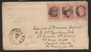 US Sc #64b Strip of 3 Bacon Academy Corner Card Cover Colchester CT March 1863