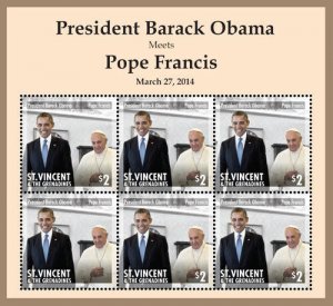 St. Vincent 2014 - Barack Obama Meets Pope Francis - Sheet of 6 Stamps - MNH