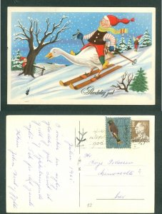 Denmark. 1965 Christmas Card. Seal + 40 Ore. Santa, Goose, Skiing. Adr.