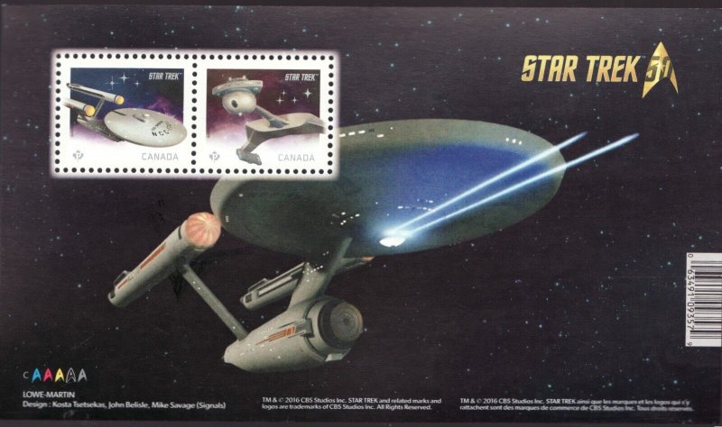 2016 - #2911 - 50th Anniv. Star Trek s/s - Canada Stamps - Enterprise & Klingon 