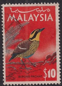 Malaysia 1965 QE2 $10 Blue Tailed Pitta Fine Used SG 27 ( L1491 )