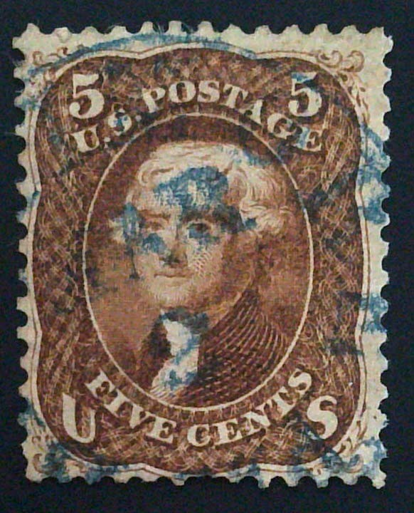 Scott #75 - F/VF - 5c Red Brown - Jefferson - Used with Blue canel - Thin - 1862