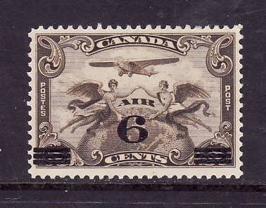 Canada-Sc#C3-Unused 6c on 5c brown olive Air Mail-og-LH-1932-Cdn567-