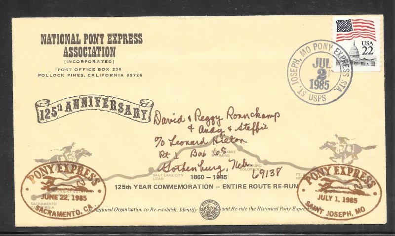 Just Fun Cover #2115 Sacramento - St Joseph Pony Express 125 Years Comm (my2729)