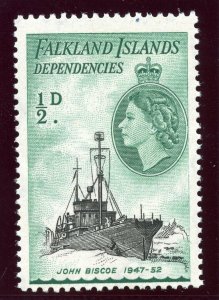 Falkland Is Deps 1962 QEII ½d black & deep green (De La Rue ptg) MNH. SG G26a.