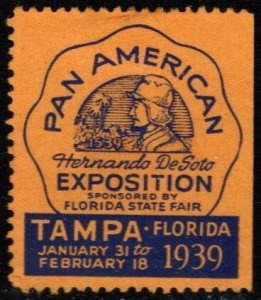 1939 US Poster Stamp Pan American Hernando de Soto Exposition Tampa Fl. Unused