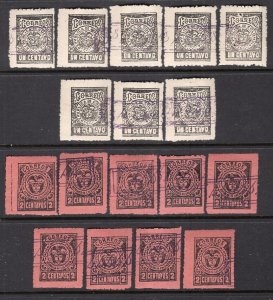Colombia 1901 #185-186, 1c Black(8) + 2c Black on Rose(9) 17 Stamps MNH