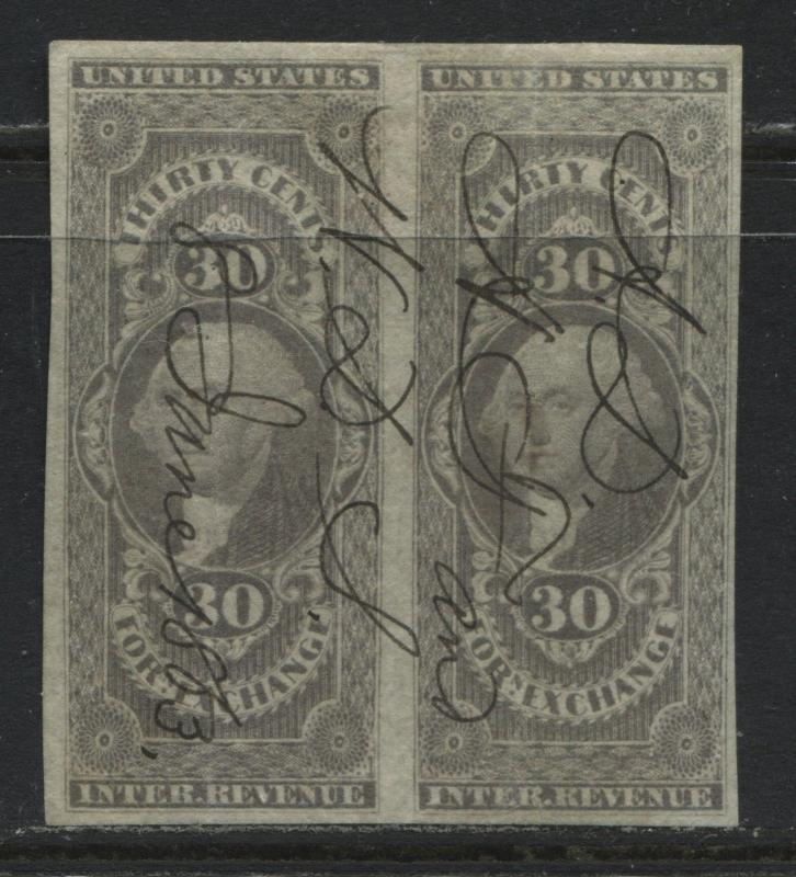 United States 1862 30 cents gray Foreign Exchange revenue imperforate pair used