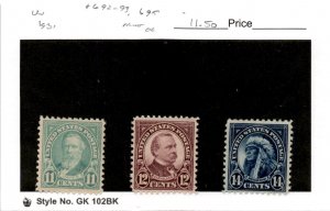United States Postage Stamp, #692, 693, 695 Mint Hinged, 1931 (AD)