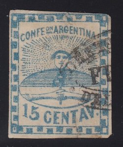 Argentina 1858 15c Blue Used with Rosario Cancel. Scott 3. Faults.