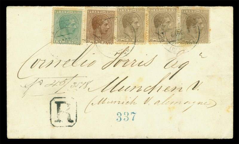 PUERTO RICO 1885 K.Alfonso multiple-franking Sc#63,66,70(3) REG. cvr to Germany