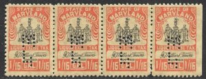 US STATE REVENUES MARYLAND 1951 1/16pt LIQUOR TAX STRIP OF 4 MH PERFIN TR.L54