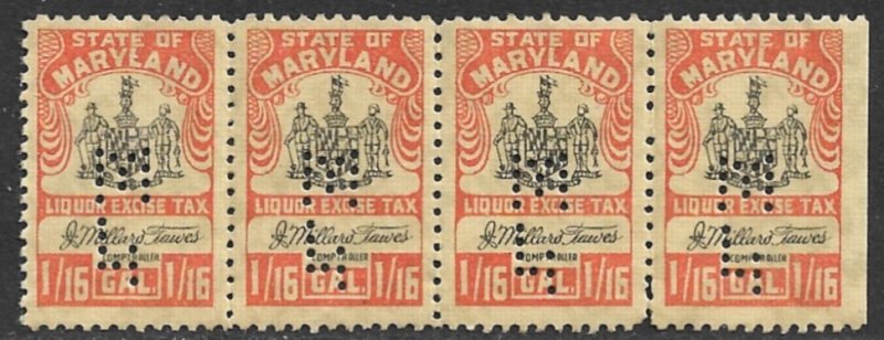 US STATE REVENUES MARYLAND 1951 1/16pt LIQUOR TAX STRIP OF 4 MH PERFIN TR.L54