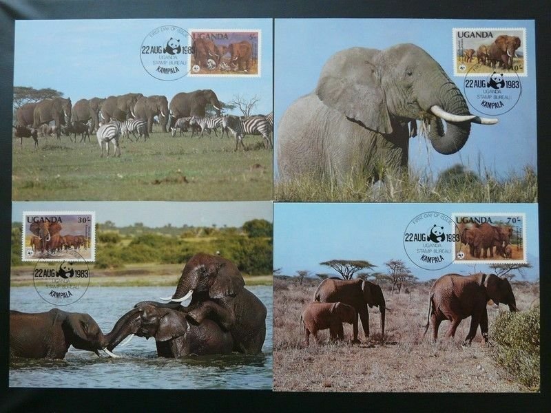 elephant wwf 1983 set of 4 maximum cards Uganda 71809