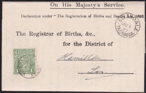 TASMANIA 1927 Birth notice ELLENDALE cds to Hamilton T perfin GV 1d green..B1779