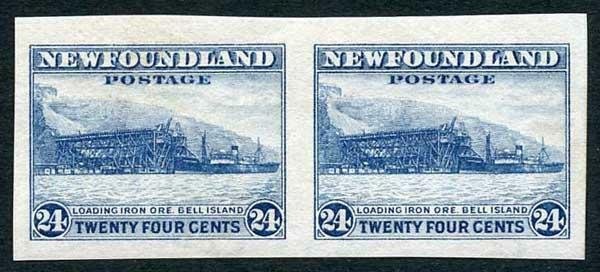 Newfoundland SG228a 1932-37 24c bright blue Horizontal Pair Variety Imperf M/M