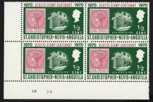 ONE PENNY ON STAMP = COLOR ID MNH CORNER Block of 4, ST.KITTS [W02]