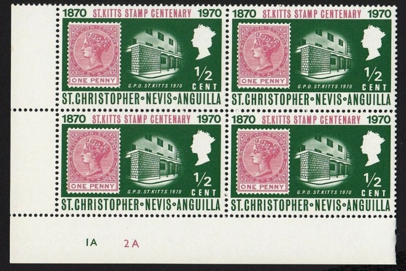 ONE PENNY ON STAMP = COLOR ID MNH CORNER Block of 4, ST.KITTS [W02]