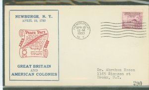 US 727 1933 3c Washington's headquarters (Revolutionary War Peace treaty) on an addressed first day cover with a carbon ...