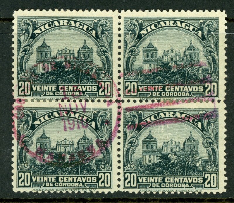 Nicaragua 1914 Cathedral 20¢ Slate Block VFU  O670