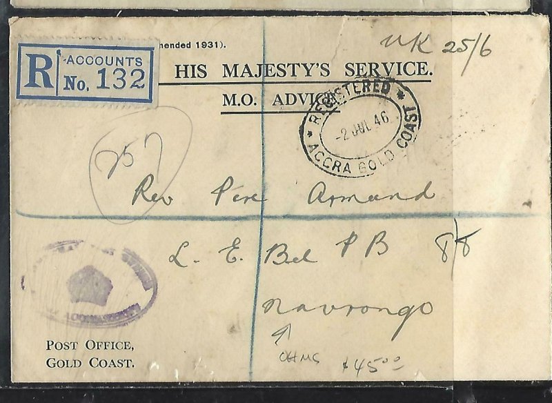 GOLD COAST (P2708B)  1946   OHMS STAMPLESS REG TO NAVRONGO