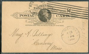 1890 Boston to Conway MA Postal Card Hewitt & Hosier Advertising Sterling Co UX9