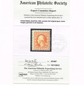 GENUINE SCOTT #429 MINT PRISTINE OG NH APS CERT 1914 6¢ RED ORANGE - ESTATE SALE