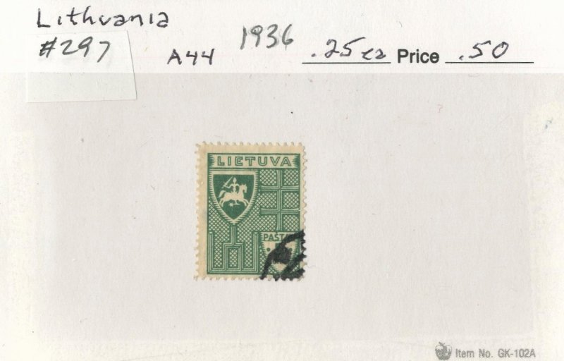 LITHUANIA #297, USED ON 102 CARD - 1936 - LITH075